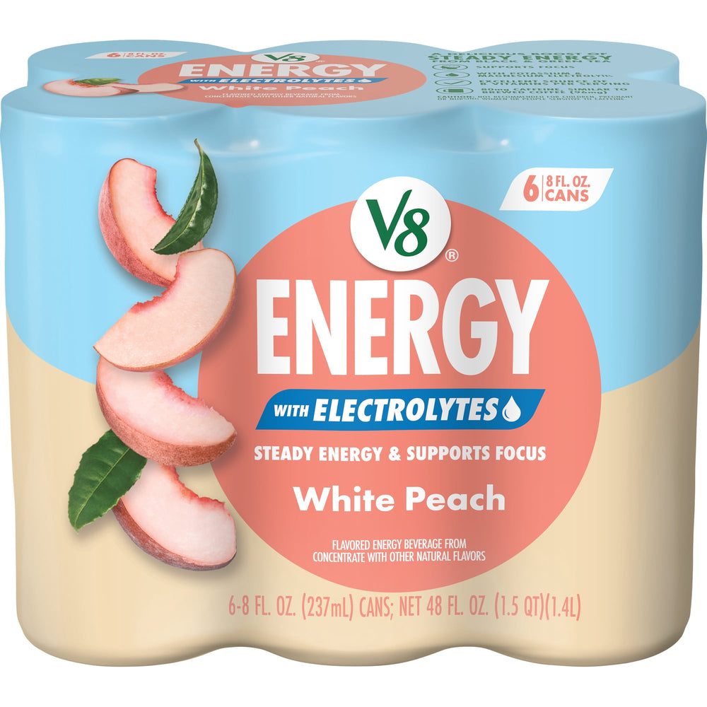 V8 Energy with s White Peach · Bebida energética · 6 latas de 237 ml