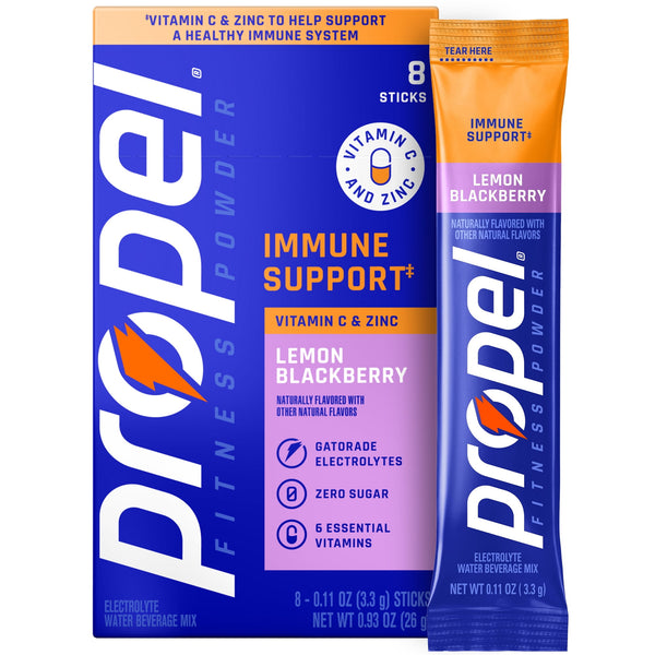 Propel Immune Support Lemon Blackberry Zero Sugar · Polvo para agua · 8 pzas de 3 g