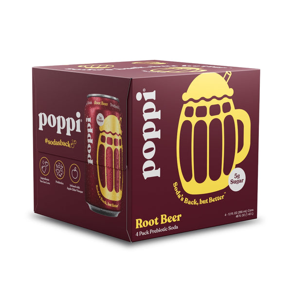 poppi Root Beer Prebiotic Soda · Refresco · 4 latas de 355 ml