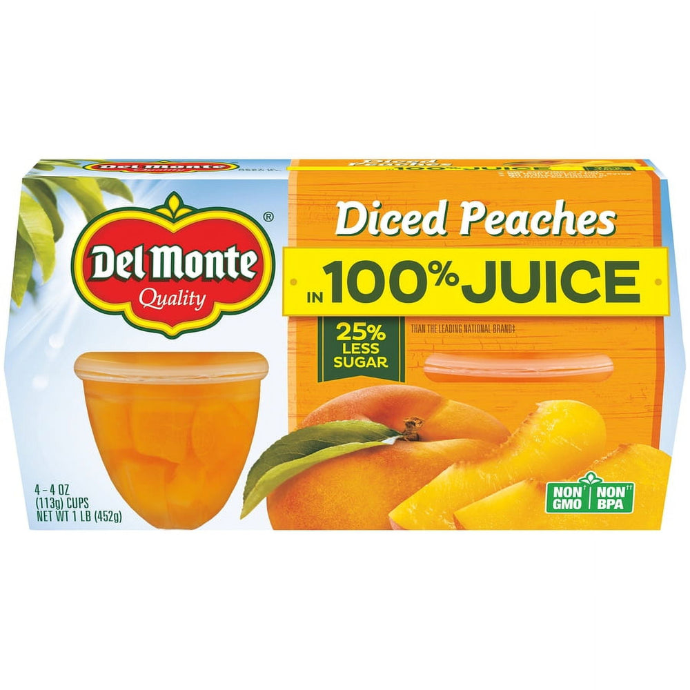 Del Monte Diced Peaches Fruit Cup in 100% Juice · Bebida · 113 g · vaso