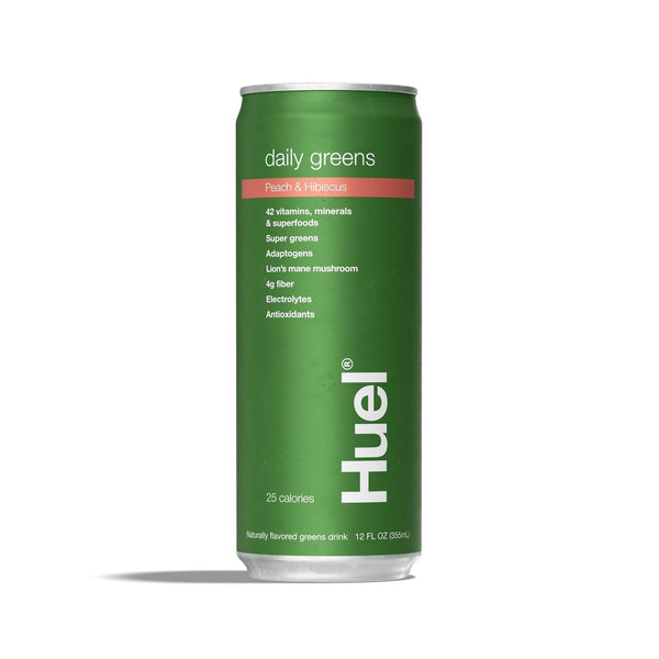 Huel Daily Greens Sparkling Peach & Hibiscus · Bebida con vitaminas · 4 latas de 355 ml
