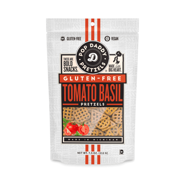 Pop Daddy Gluten Free · Pretzels sabor tomate y albahaca · 213 g