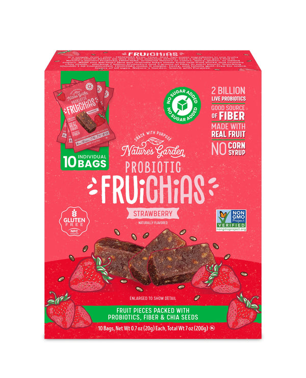 Nature's Garden Probiotic Fruichias Strawberry · Botana de fruta con chía · 10 bolsas de 20 g