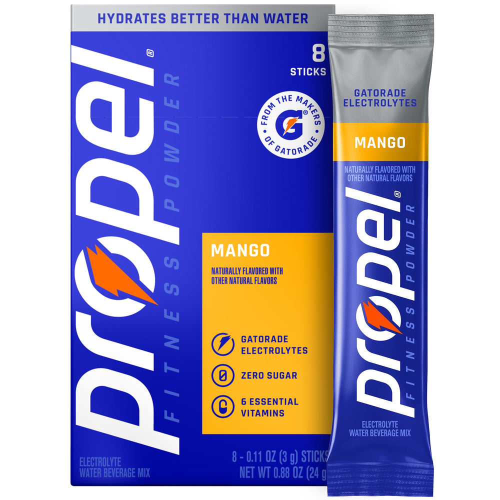 Propel Mango Zero Sugar · Polvo para agua · 8 pzas de 3 g