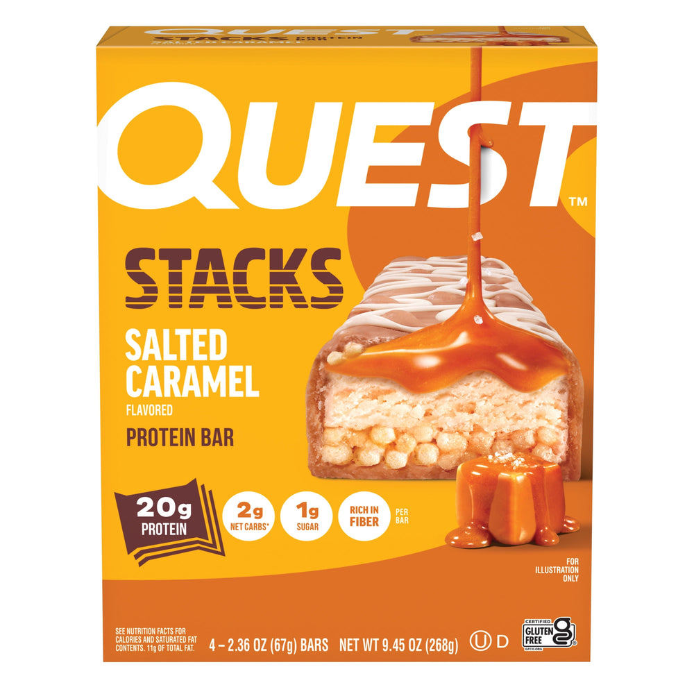 Quest Stacks Salted Caramel · Barra de proteína · 4 pzas de 67 g