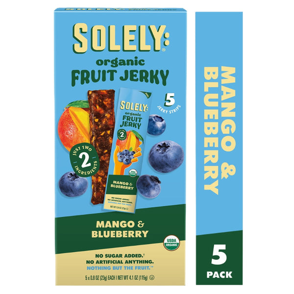 Solely Fruit Jerky orgánico Mango & Blueberry · Tiras de fruta · 5 tiras de 23 g