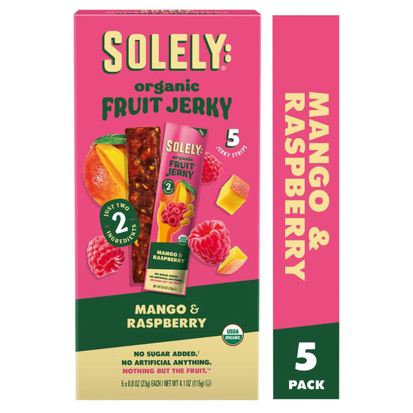 Solely Fruit Jerky orgánico Mango & Raspberry · Tiras de fruta · 5 tiras de 23 g