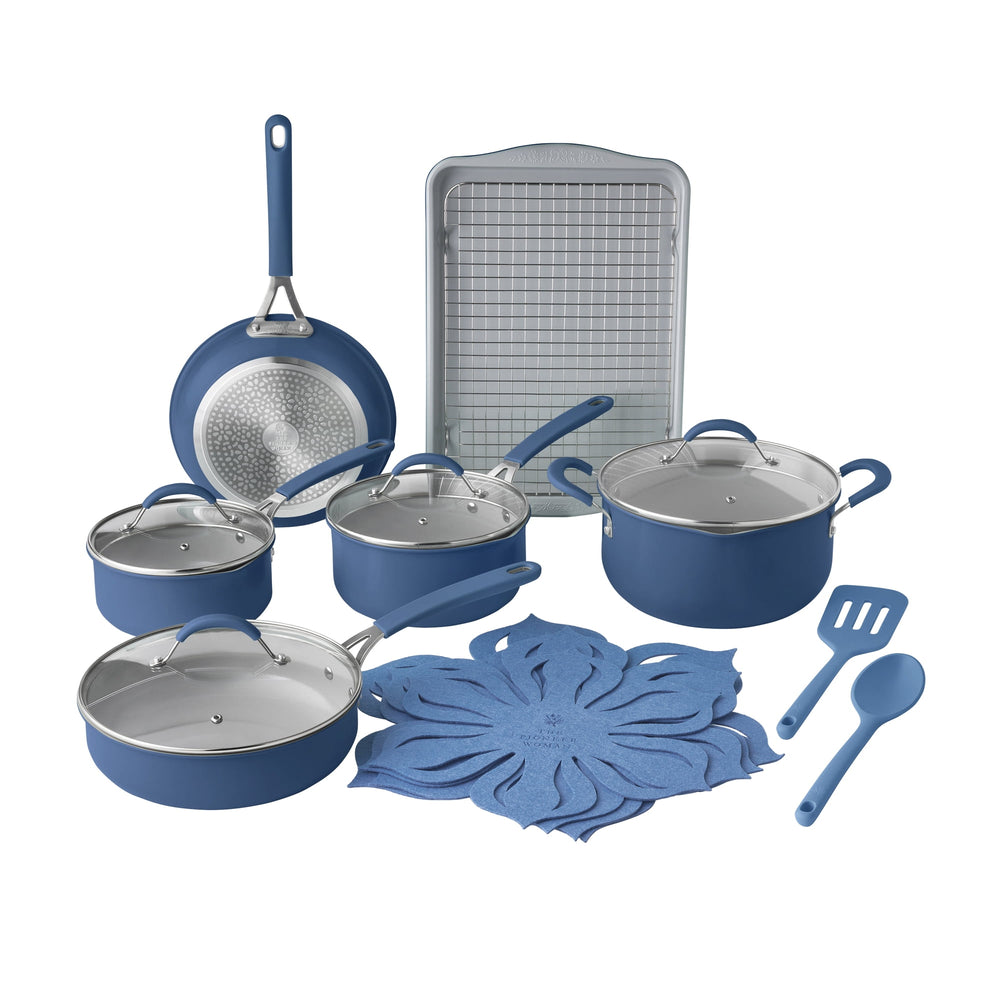 The Pioneer Woman Sutton · Juego de cocina · 17 piezas azul
