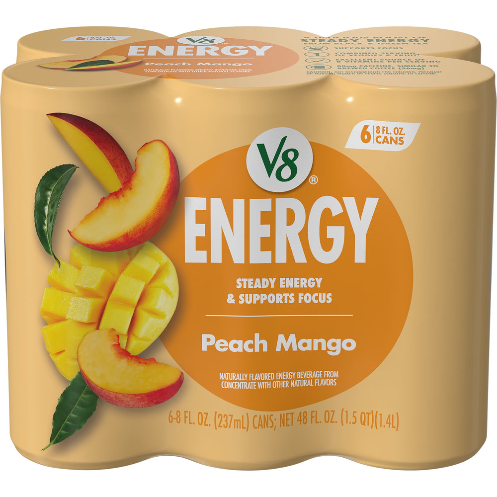 V8 Energy Peach Mango · Bebida energética · 6 latas de 237 ml