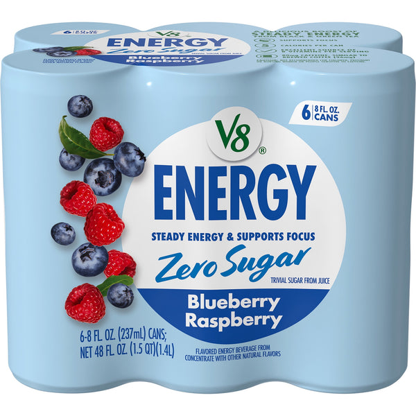 V8 Energy Blueberry Raspberry Zero Sugar · Bebida energética · 6 latas de 237 ml