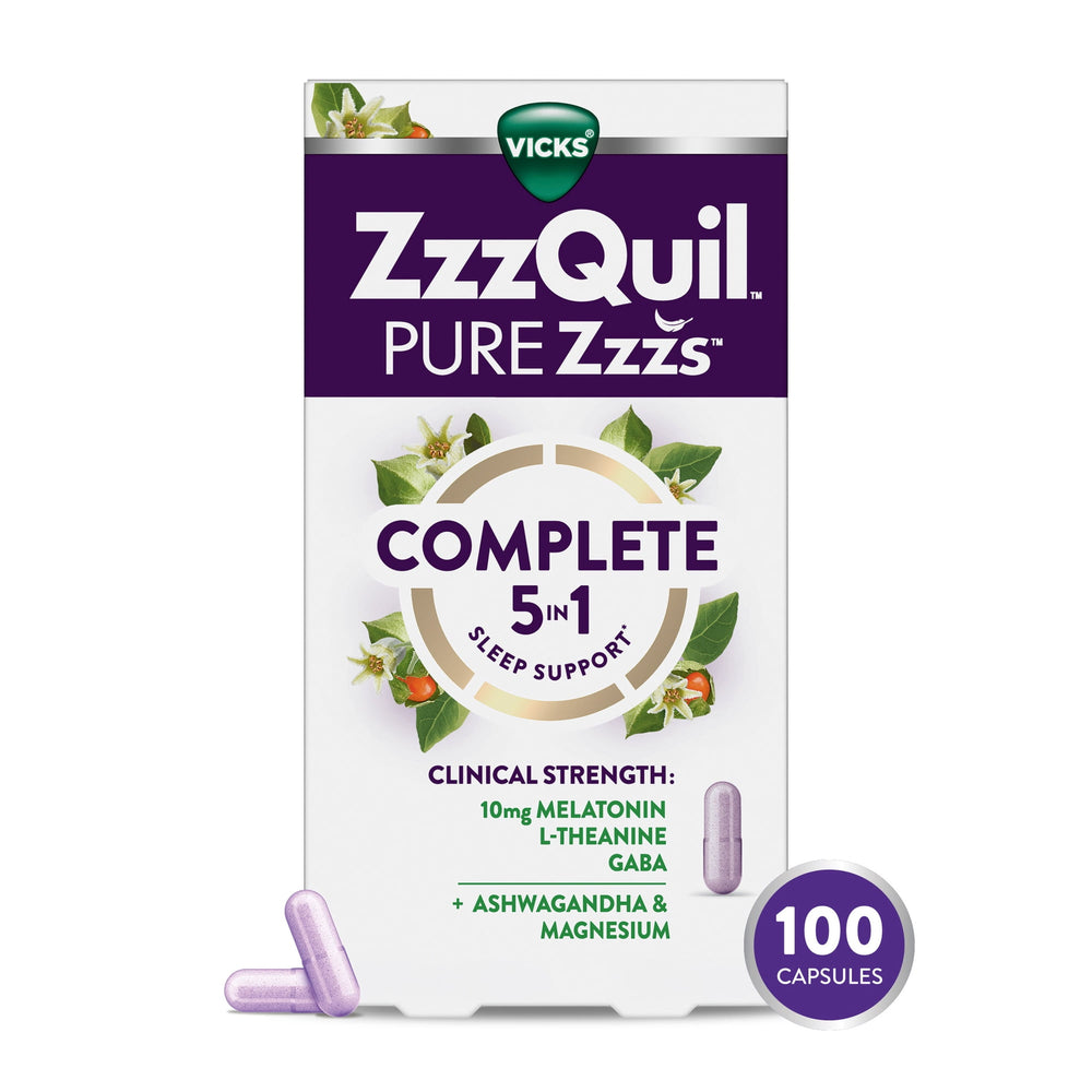 Vicks ZzzQuil Pure Zzzs Complete · Suplemento para dormir · 100 cápsulas