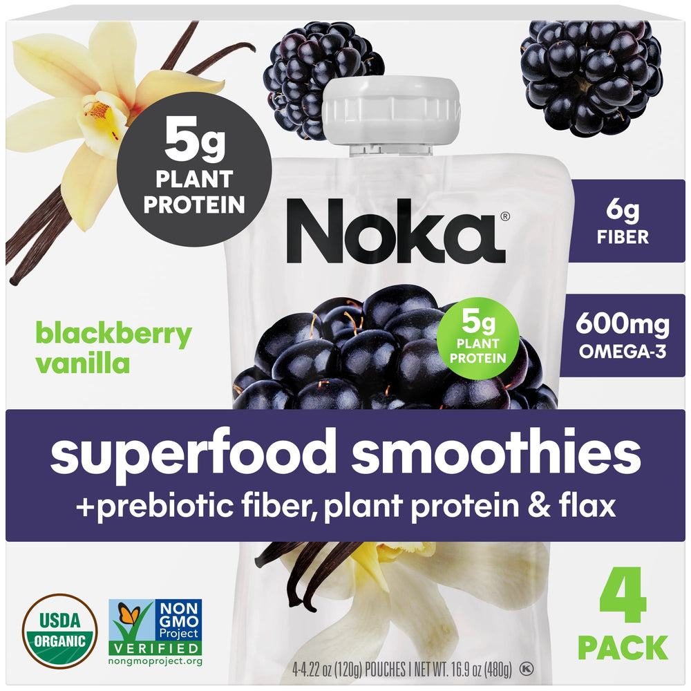 Noka Organic Superfood Smoothie Pouches Plant Protein Blackberry Vanilla · Bebida · 4 pack de 120 g