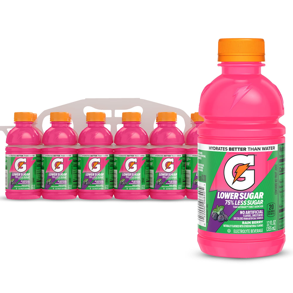 Gatorade Lower Sugar No Artificials Rain Berry · Bebida · 12 botellas de 355 ml