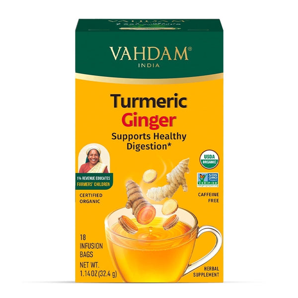 VAHDAM Organic Turmeric Ginger Herbal Tea 18 Tea Bags | Caffeine Free Gluten-Free · Té