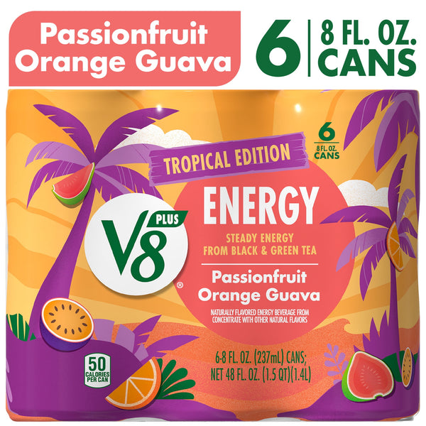 V8 +Energy Passionfruit Orange Guava Juice · Bebida energética · 6 pzas de 237 ml