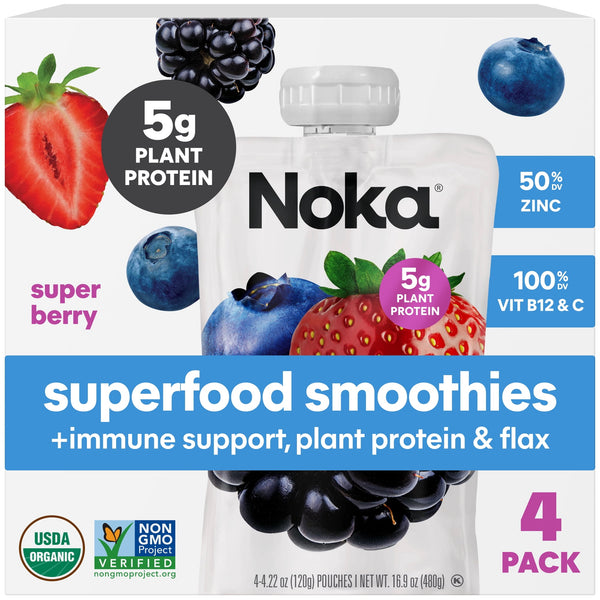Noka Organic Superfood Smoothie Pouches Plant Protein Super Berry · Bebida · 4 pack de 120 g