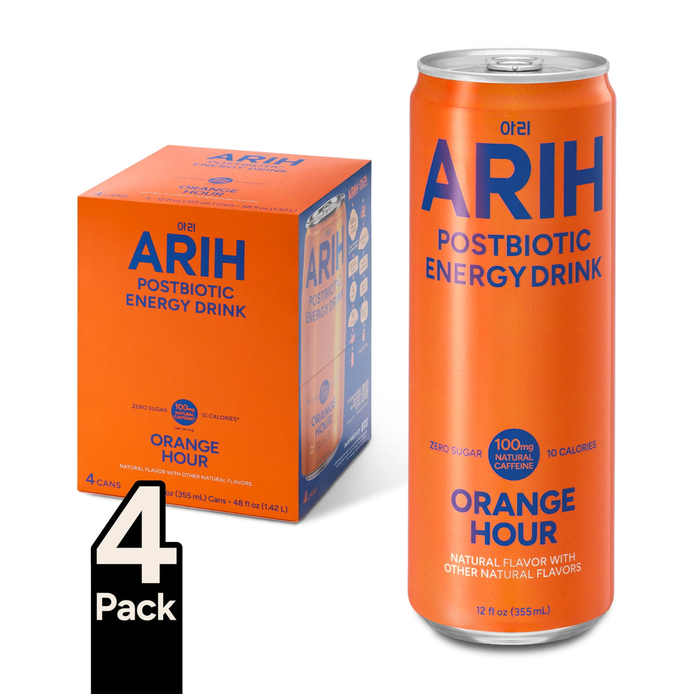 ARIH Postbiotic Orange Hour Zero Sugar · Bebida energética · 4 pack de 355 ml