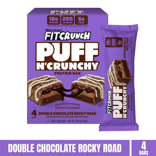 FITCRUNCH Puff n' Crunchy Double Chocolate Rocky Road · Barra de proteína · 4 pzas