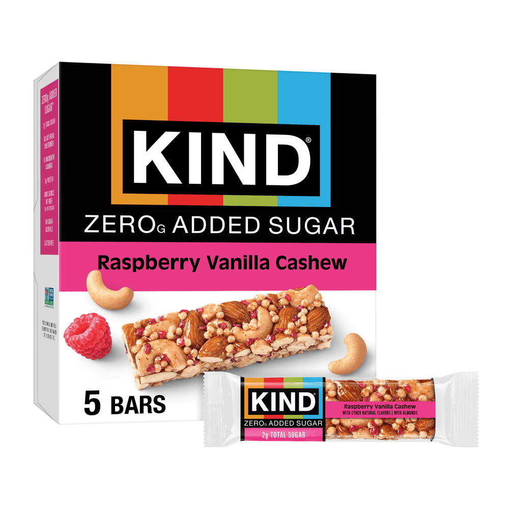 KIND ZERO Added Sugar Friendly Raspberry Vanilla Cashew · Barra · 5 barras de 176 g