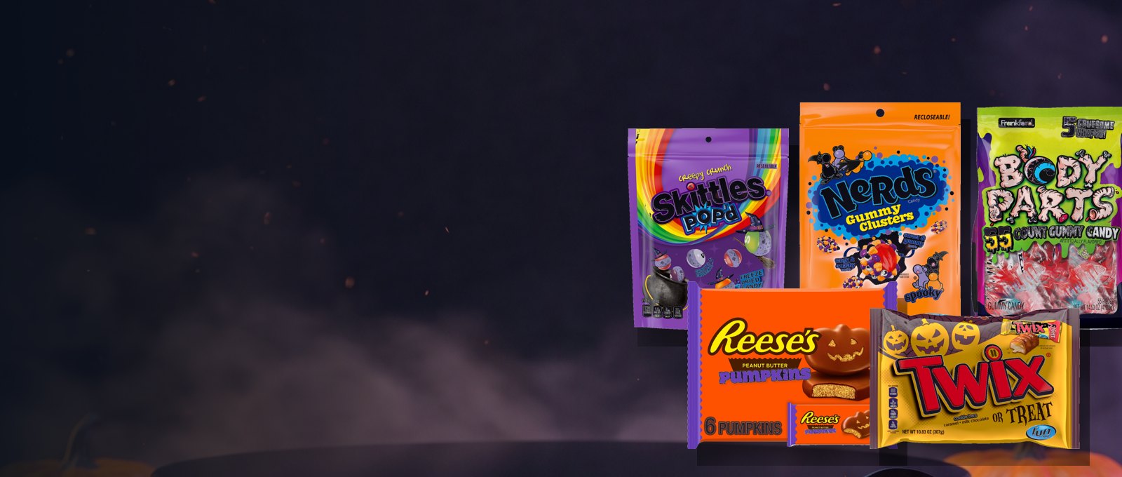 Dulces de Halloween importados: Skittles Pop'd, Nerds Gummy Clusters, Body Parts, Reese's Pumpkins y Twix